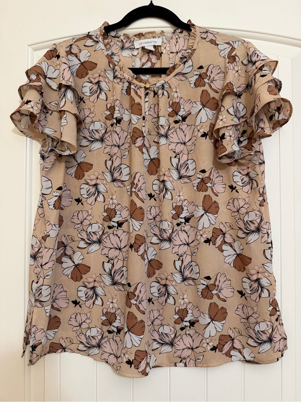 Liz Claiborne Beige Floral Ruffle-Sleeve Blouse Sz Large